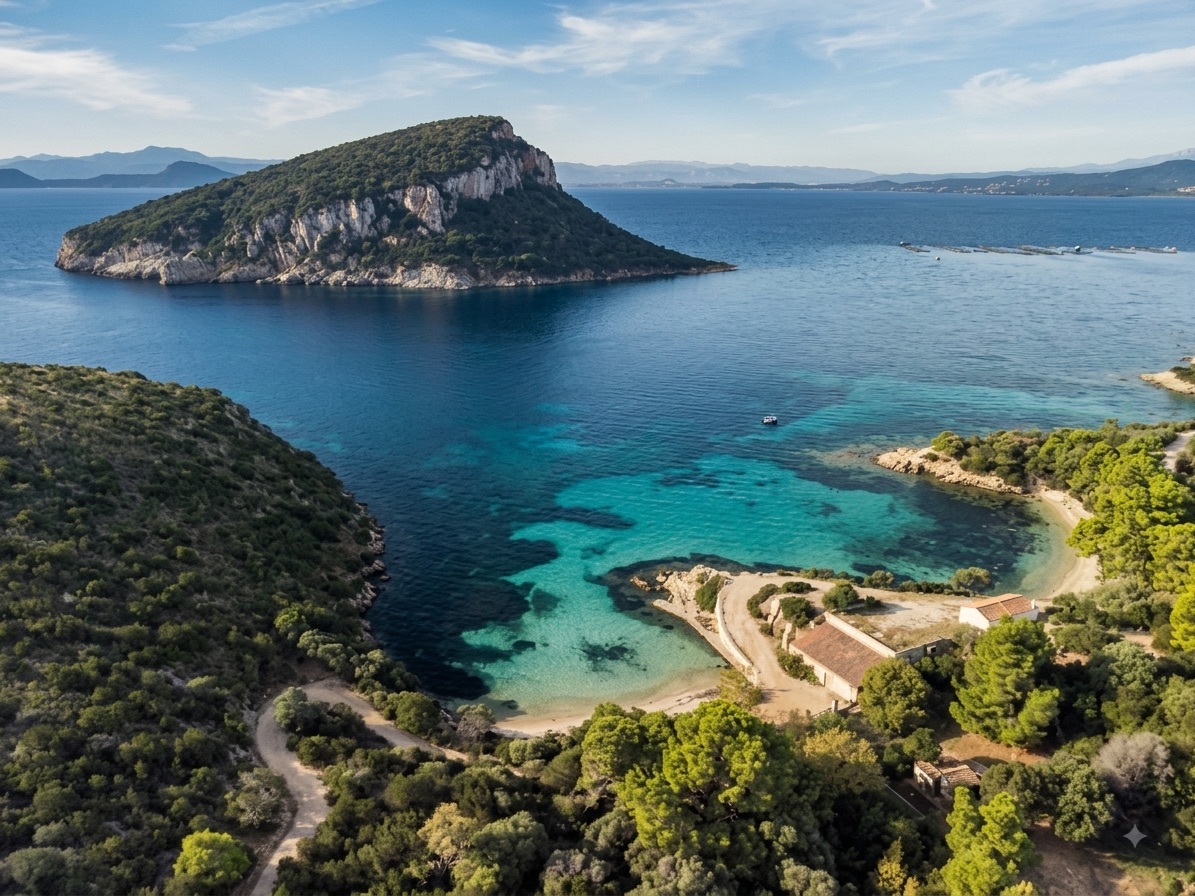 Vista aerea di Cala Moresca con l'isola di Figarolo