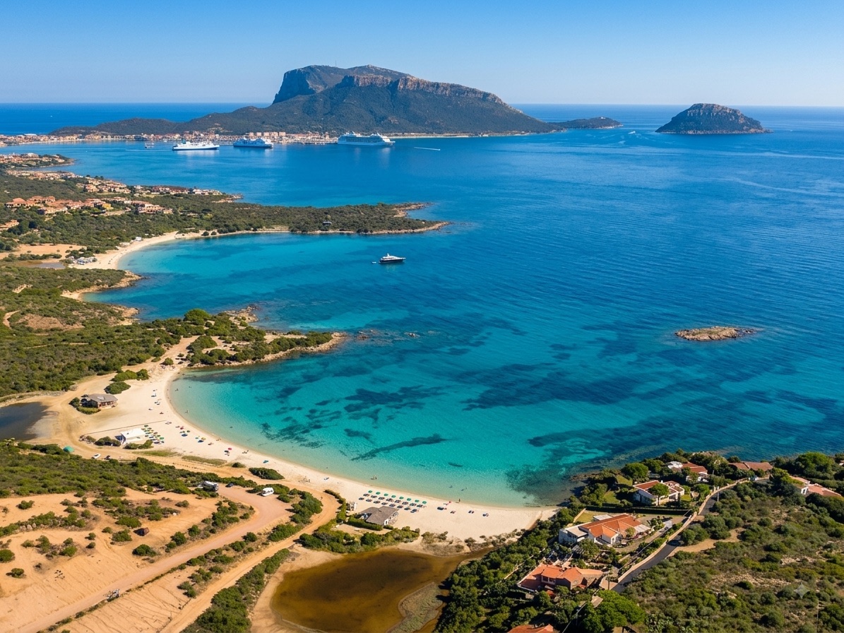 Vista aerea di Cala Sassari con l'isola di Tavolara sullo sfondo