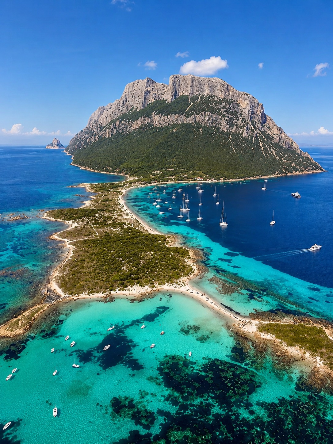 Vista aerea dell'isola di Tavolara con barche